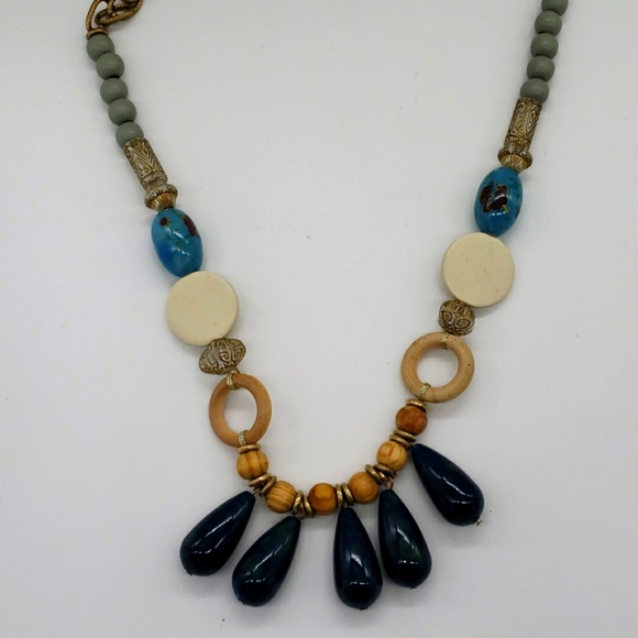 Women's Navy and Beaded Wood Long Statement Necklace - Picture 5 of 6